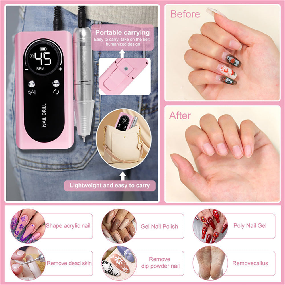 INTELIVE 45000PRM Portable Electric Nail Drill Kit, Electric Nail Drill Machine with Bits and Sanding Bands for Beginners, Digital Display Rechargeable High Speed Nail Dril Set