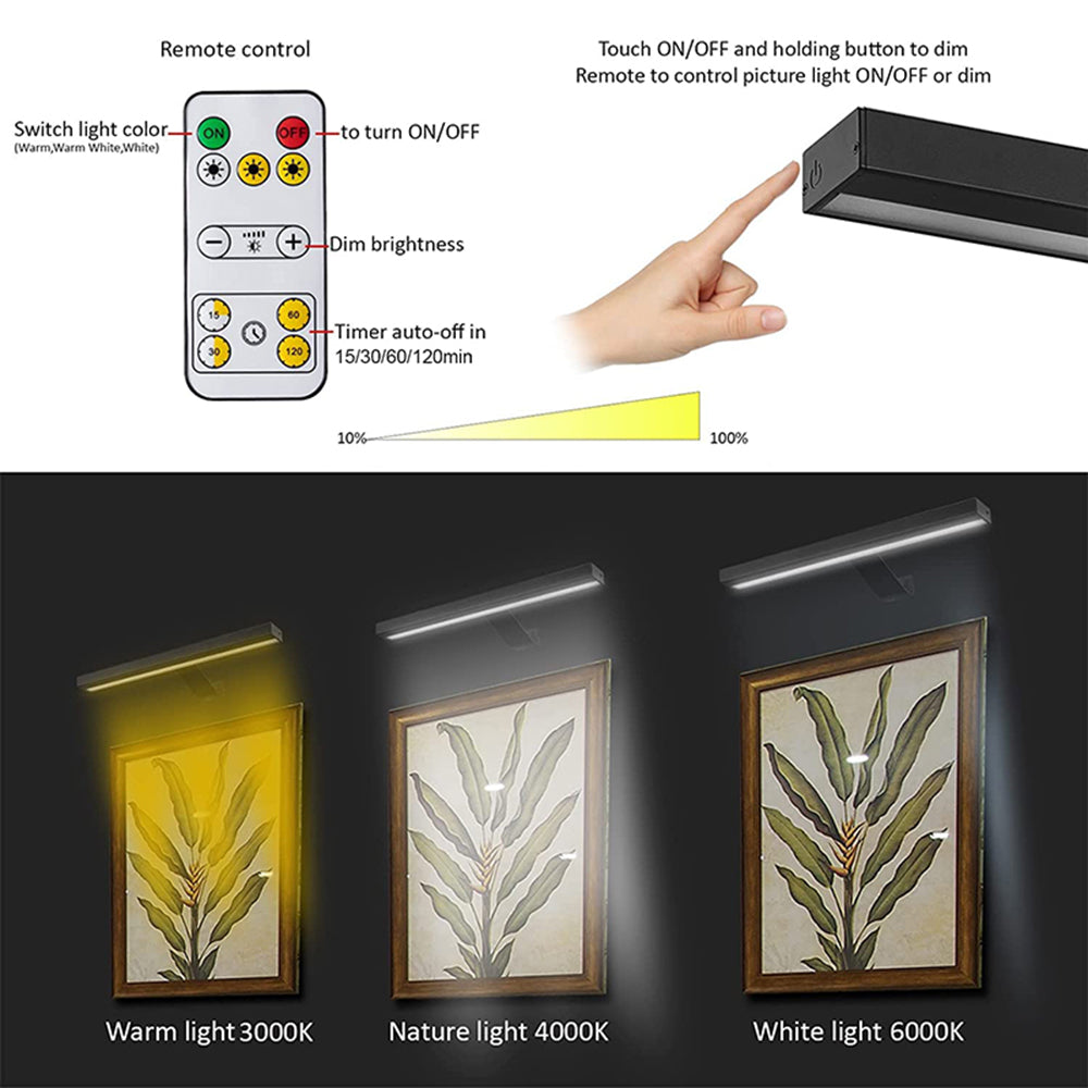 INTELIVE Wireless Rechargeable Picture Light with Remote, Painting Light with 3 Lighting Colors, Art Light for Paintings, Full Metal Picture Wall Light for Picture Gallery Dart