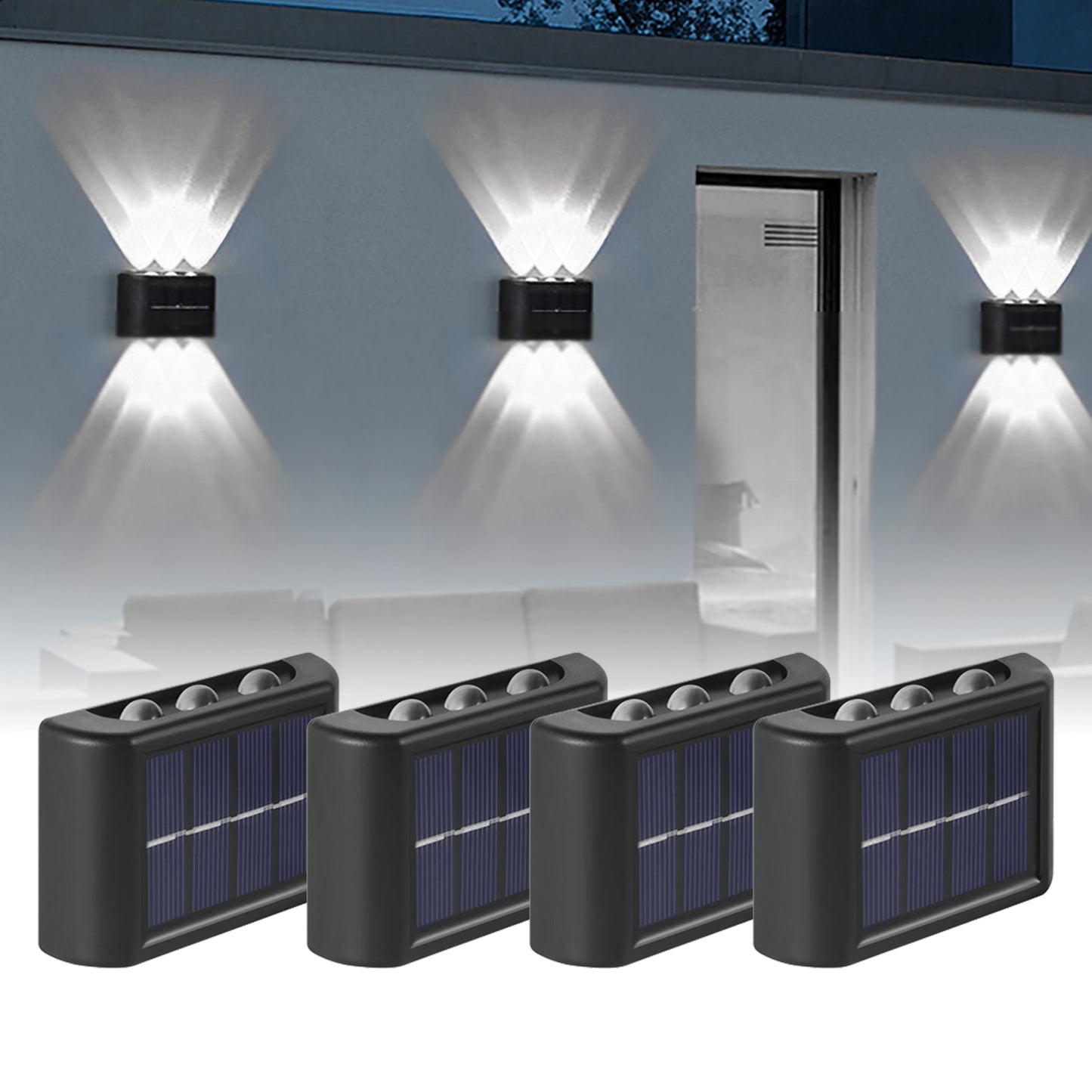 INTELIVE 4pcs Outdoor Solar Wall Light, Wireless Solar LED Wall Light Up and Down Garden Lamp for Garden Patio Hallway Stairs