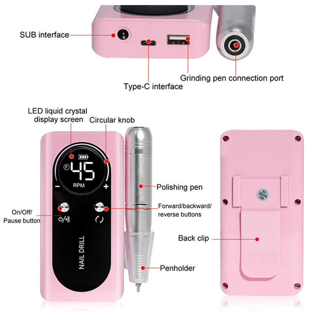 INTELIVE 45000PRM Portable Electric Nail Drill Kit, Electric Nail Drill Machine with Bits and Sanding Bands for Beginners, Digital Display Rechargeable High Speed Nail Dril Set